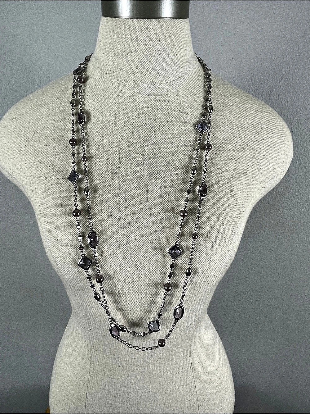 White House Black Market Silver Tone Purple Stone Layered Necklace & Bracelet